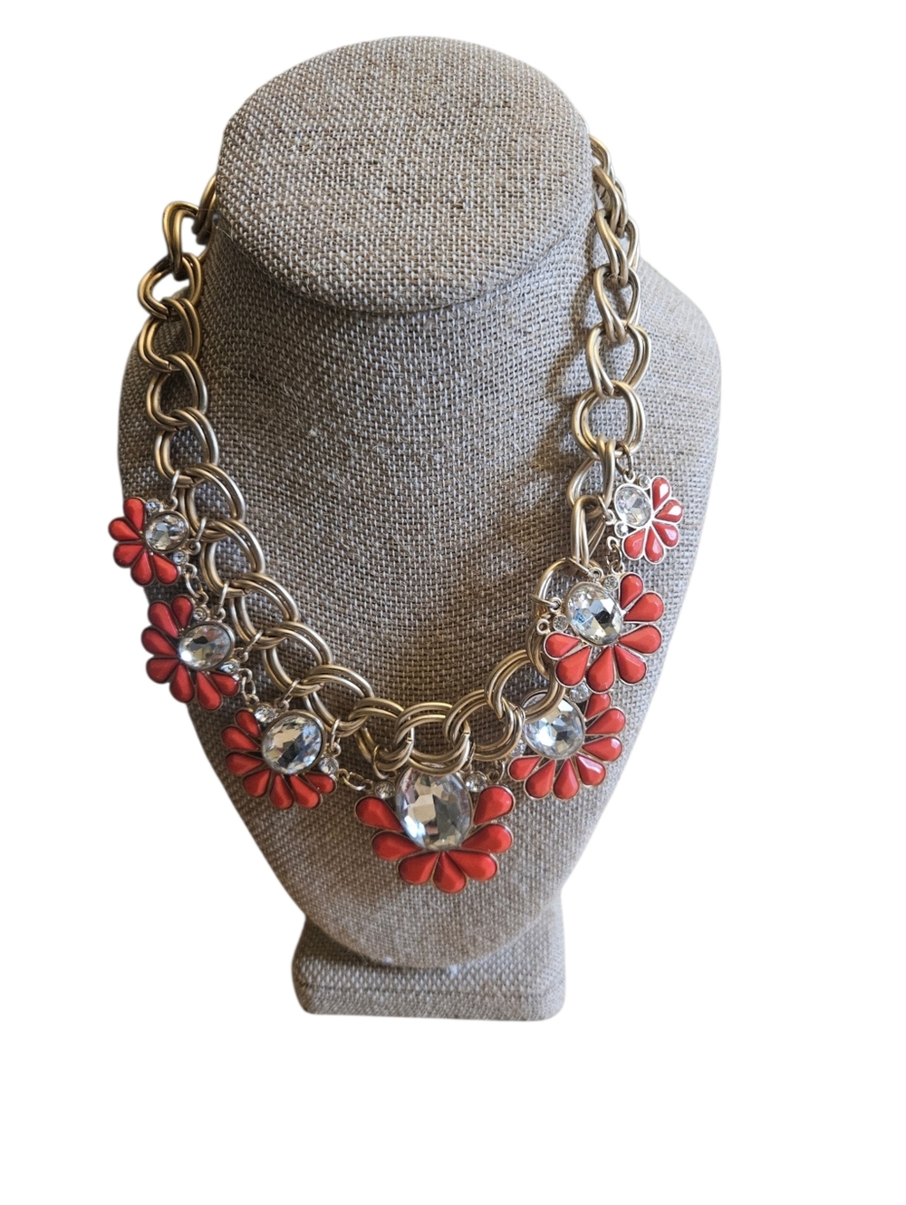 Orange Red Coral Color Enamel Flower Rhinestone Statement Necklace Chunky Gold